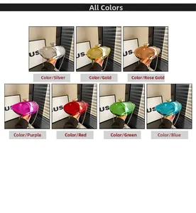 Detailed view of glossy metallic hardshell evening bags with elegant acrylic link chains