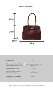 Detailed size chart for deep red PU leather tote bag with precise measurements in centimeters