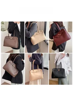 Detail view of stylish tote bags in four colors with classic buckle straps for women