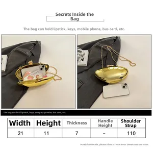 Size chart and capacity guide for gold acrylic shell clutch with chain strap