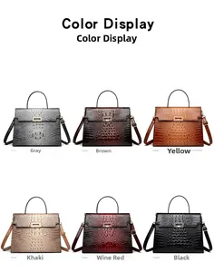 Color display of crocodile pattern handbags with top handles and adjustable straps
