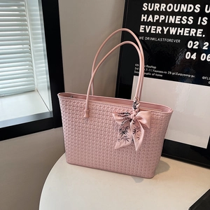 Pink woven tote bag with silk scarf detail, large capacity shoulder bag for women