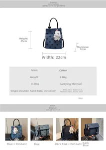 Detailed size specifications for polka dot canvas tote bag with dog plush keychain