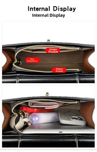 Internal view of black crocodile pattern handbag showing main pocket and zipper pouch