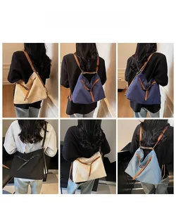 Collage showing various colors of versatile canvas tote bags with adjustable leather straps
