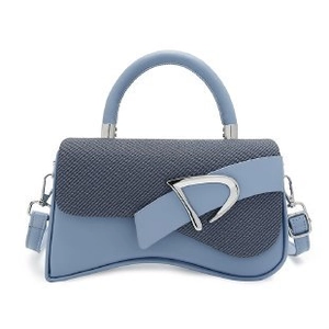 Minimalist light blue crossbody handbag with woven texture flap and silver metal buckle