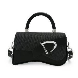 Minimalist black hourglass handbag with woven texture flap and silver metal buckle