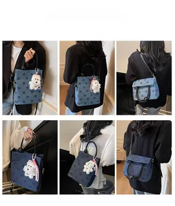 Polka dot denim tote bag shown in various poses including hand-carry and shoulder styles