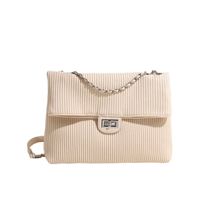 Off-white corduroy tote bag with silver chain strap and metal swivel lock for women