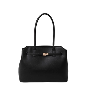 Classic black faux leather tote bag with elegant gold twist-lock and long shoulder straps