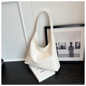 Minimalist beige woven hobo tote bag with large capacity and chic checkered texture