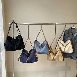 Women Canvas Tote Bag Large Capacity Shoulder Crossbody Bag With Faux Leather Straps French Retro Style Commute Handbag