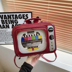 Unique retro red television shaped crossbody bag with vintage no signal screen pattern