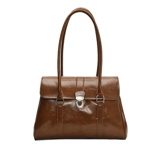 Vintage brown oil-wax leather handbag with silver lock and long double straps for women