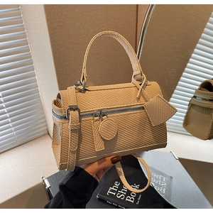 Khaki woven texture crossbody square bag with top handle and adjustable strap for women