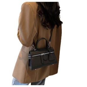 Chic black textured crossbody square bag with top handle and detachable strap for women