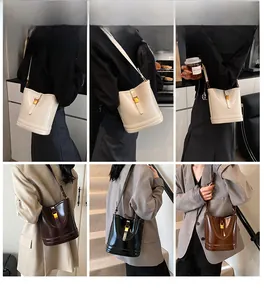 Collage de sacs seaux chics pour femmes en crème, marron et noir dans des scènes réelles