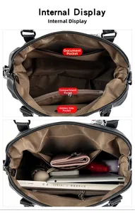 Detailed interior of the black lychee pattern bag with multi-pocket storage layout