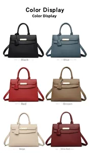 Color display of stylish trapezoid handbags in six colors with metal lock detail