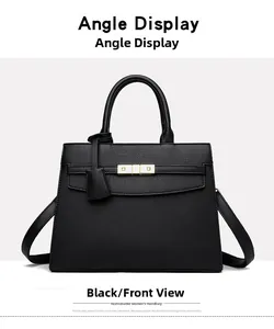 Front view of black pebble-grain tote bag featuring golden hardware and top handles