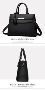 Detail of black trapezoid tote bag with lychee grain texture and gold buckle accents