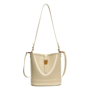 Sac seau rétro en cuir crème avec boucle dorée et bandoulière réglable