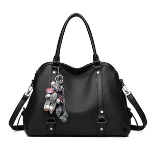 Retro black litchi pattern leather tote bag with silver rivets and bear charm