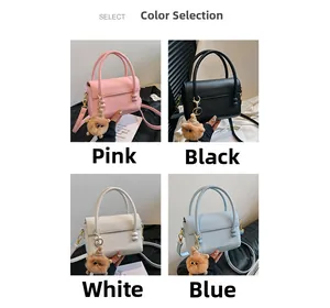 Litchi pattern leather handbags in pink, black, white, and blue with plush bear charms