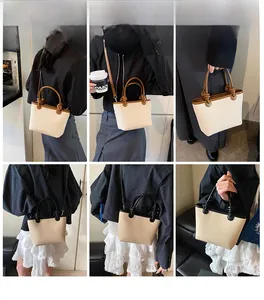 Detail shots of woven bucket bag in brown and black with knot handle on models