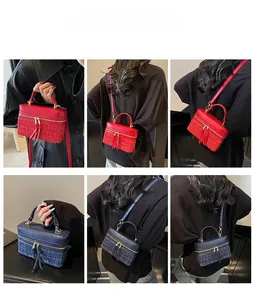 Détails du sac boîte en tweed bicolore avec fermetures dorées porté par un mannequin