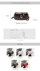 Detailed chart showing PU shoulder bag dimensions, specifications and five color variants