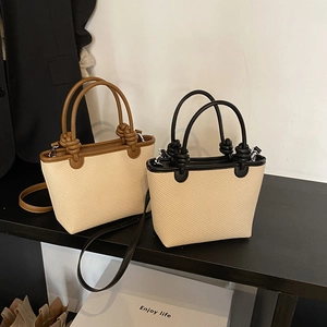 Minimalist Straw Woven Bucket Bag For Women PU Leather Trim Knot Detail Large Capacity Shoulder Crossbody Handbag Vacation Beach Bag