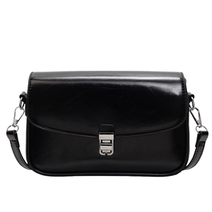 Classic black glossy PU leather crossbody square bag with elegant silver buckle closure