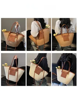 Detail view of woven straw tote bag with leather trim and pockets shown from multiple angles