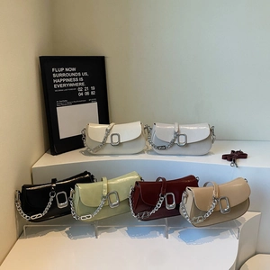 Women PU Leather Underarm Bag Retro Minimalist Metal Chain Silver Square Buckle Solid Color Baguette Shoulder Bag Daily