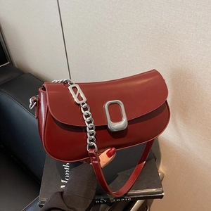 Retro dark red faux leather underarm bag with silver chain strap and metal buckle