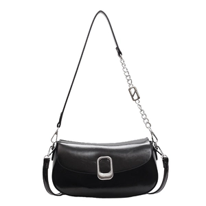 Fashionable black faux leather underarm bag with silver buckle and chain strap
