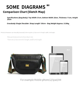 Guide des tailles pour sac bandoulière montrant dimensions et capacité pour iPad et A4