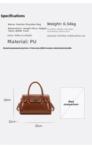 Detailed size chart for the PU shoulder bag with 29cm length and iPad capacity