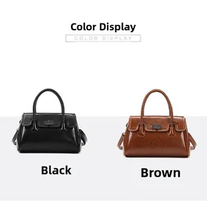 Detailed color display of black and brown leather handbags with woven handles and metal buckles