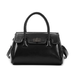 Classic black leather tote bag with woven handle and silver twist lock closure