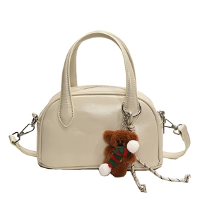 Retro cream white bowling bag with bear charm and adjustable shoulder strap for women