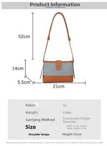 Detailed size chart for retro grey blue PU shoulder bag with crossbody strap dimensions