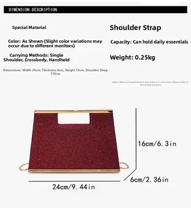 Dettaglio borsa da sera con paillettes rosse, misure 24x6x16cm e tracolla 110cm