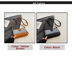 Detail view of contrast stitching canvas and leather shoulder bags in brown and black