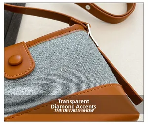 Macro detail of brown leather stitching and rhinestone texture on underarm bag