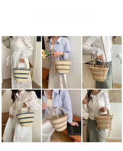 Détail du sac seau en paille rayé avec cordon de serrage et doubles sangles polyvalentes