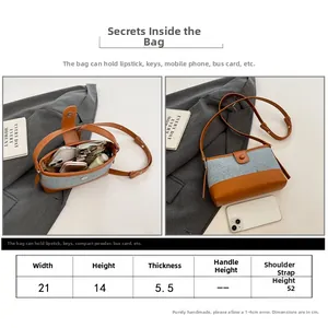 Detailed size chart and interior capacity view of the vintage patchwork crossbody bag