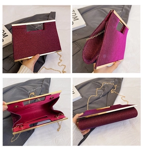 Dettaglio della pochette bordeaux con paillettes, manico dorato e tasca interna