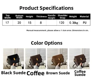 Detailed size chart and product specifications for vintage PU leather crossbody bag